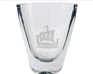 Swedish Crystal Heavy Weight Blue Glass Viking Ship Etched Vase - Signed Strombergshyttan