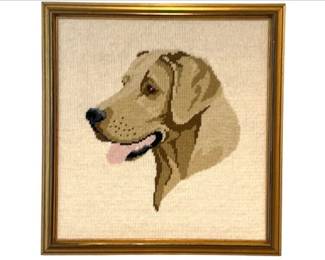 Vintage Needlepoint Labrador Retriever In Gold Tone Frame