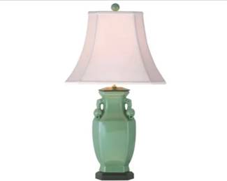 Chinese Export Celadon Porcelain Lamp With Pomegranate Handles & Linen Shade