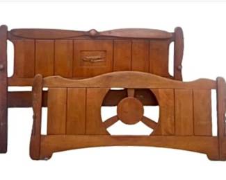 Vintage Wooden Children's Bed Set With Airplane And Steering Wheel Motifs