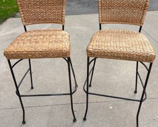 Set of 2 Iron & Woven Rattan Bar Stools - Very Sturdy