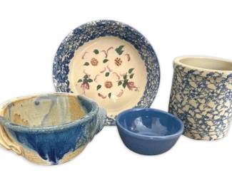 Blue Spongeware Ceramic Crock, Bowl, More