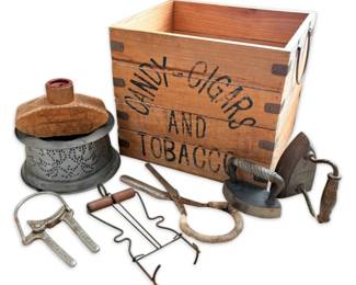 Vintage Candy Cigar Tobacco Crate, Miniature Irons, More