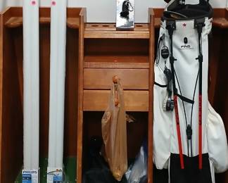 Golf caddy, bag, clubs
