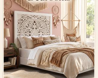White carved floral headboard and bed frame, bohemian bedroom furniture and decorative statement bedroom accents.