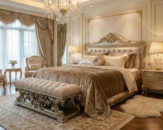 Ornate upholstered bed with a carved headboard, tufted bedroom bench and matching traditional bedroom furniture.