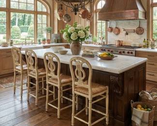Wood counter stools with rounded backs and woven-look seats, kitchen island seating and casual bar furniture.