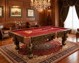 Ornately carved pool table with red felt, decorative billiard table and traditional game room furniture.