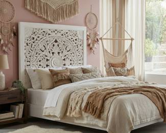 Bohemian bedroom furniture with an ornate white floral headboard, carved bed frame and natural-toned bedroom decor.