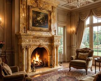 Ornate fireplace mantel and carved surround, traditional architectural decor and grand living room accents.