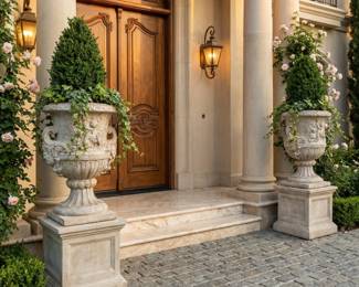 Decorative outdoor urn planters on square pedestals, classical front-entry accents and formal garden containers.