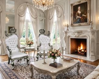 Ornate white living room furniture with carved accent chairs, a decorative coffee table and crystal-style chandelier lighting.