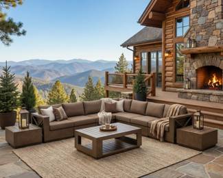Outdoor sectional sofa with neutral cushions and a matching coffee table, patio lounge furniture and conversation seating.