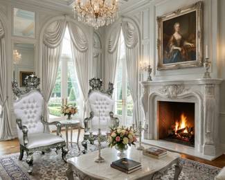 White carved accent chairs with a decorative coffee table and crystal-style chandelier, ornate traditional living room furniture.