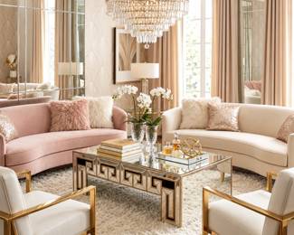 Blush pink and cream curved sofas with gold-accent coffee tables, modern glam living room furniture and accent seating.