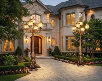 Ornate multi-lantern lamp posts, decorative driveway lighting and statement outdoor lights for a courtyard or entrance.