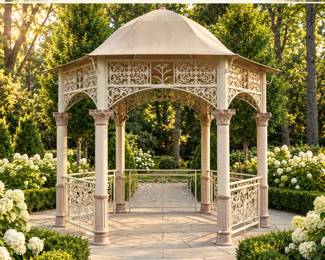 Ornate garden gazebo with a domed roof, decorative columns and open sides for a courtyard or outdoor seating area.