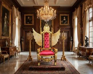 Ornate gold-tone throne chair with red tufted upholstery, tall statement seating and dramatic event or home decor.