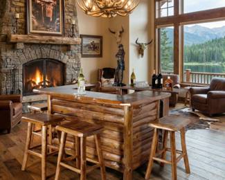 Rustic wood bar stools and kitchen counter seating, farmhouse-style bar furniture and lodge entertaining accents.
