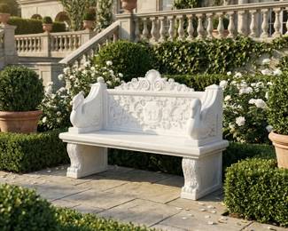 White carved garden bench with an ornate back, decorative outdoor seating and formal courtyard furniture.