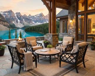 Cushioned outdoor lounge chairs around a round patio table, decorative metal seating and mountain-lodge patio furniture.