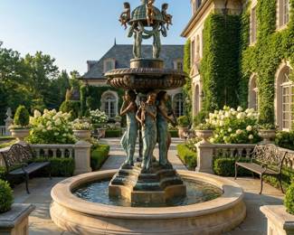 Large tiered fountain with classical figure sculptures and a round basin, formal garden water feature and courtyard centerpiece.