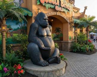 Large seated gorilla statue, statement wildlife sculpture and tropical garden or commercial display decor.