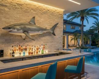 Large shark wall sculpture, nautical wall art, coastal bar decor and statement marine-life display.
