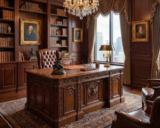 Carved executive desk with a tufted office chair, traditional home office furniture and library-style study decor.