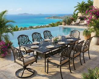Patio dining table and cushioned swivel chairs with decorative metal backs, outdoor dining furniture and poolside seating.