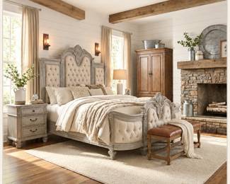 French country bedroom furniture with a carved tufted bed, nightstand, wardrobe armoire and upholstered accent chair.