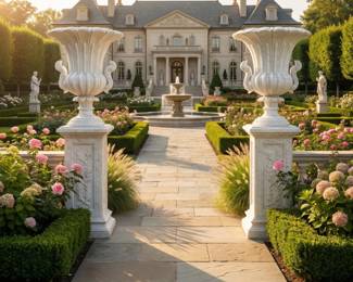 Large white garden urns on decorative pedestals, classical outdoor planters, formal garden accents and grand entrance decor.