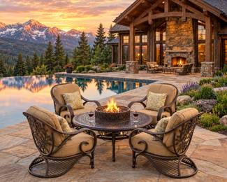 Round fire pit table with cushioned lounge chairs, outdoor conversation seating and patio furniture.