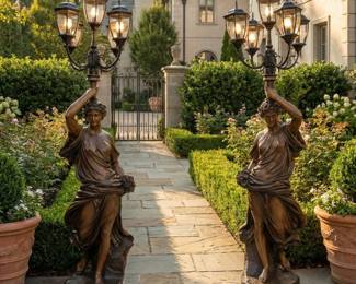 Classical female statue lamp posts with five lanterns, ornate garden lights, courtyard lighting and grand entryway statuary.