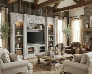 Rustic entertainment center with a television cabinet, open display shelves and farmhouse-style living room storage.