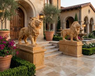 Pair of gold-tone lion statues on pedestal bases, guardian lion sculptures and dramatic courtyard entrance decor.