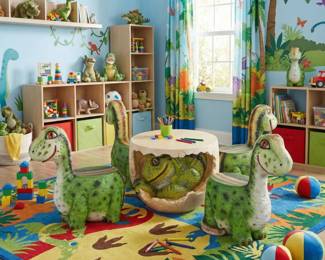 Whimsical animal-themed table and chairs, colorful frog seating and playful furniture for a children's room or playroom.