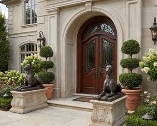 Pair of seated dog statues on decorative pedestals, sculptural garden accents and grand front-entry decor.