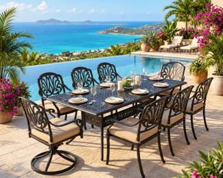 Outdoor patio dining set with an ornate metal table, swivel dining chairs and neutral cushions for poolside entertaining.