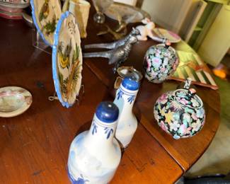 Delft S+P shakers, majolica handpainted plates, and Chinese porcelain teapot