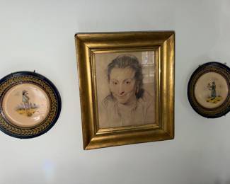 Isabella Brant portrait by Peter Paul Rebens, and pair of hand-painted Quimper ceramic plates