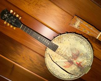 Banjolin (Mandolin-Banjo) with historical folk art and signatures from servicemen WWI