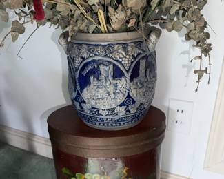 Lovely painted Bentwood wastebasket and Vintage German stoneware / majolica bowl/planter