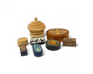 120 VintageRussianUSSRDecorativeBoxesPalekhLacquerBirch8Pc