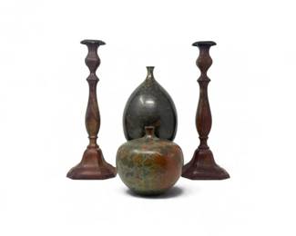 126 DecorativeMetalPotteryVaseswIronCandlesticks4Pieces