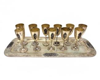 40 VintageThaiSterlingSilverCordialSetw12GobletsTray7007g