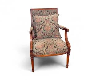 81 HancockMooreCarvedWoodUpholsteredArmchairwMatchingPillow