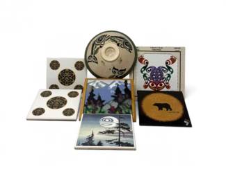 128 HandcraftedPaintedWoodBowlDecorativeArtTileTrivets7Pieces