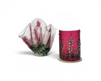 129 SignedFusedArtGlassRuffledBowlCandleHolder2Pieces