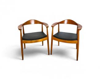 51 MidCenturyModernDanishDesignWoodLeatherArmchairsPair